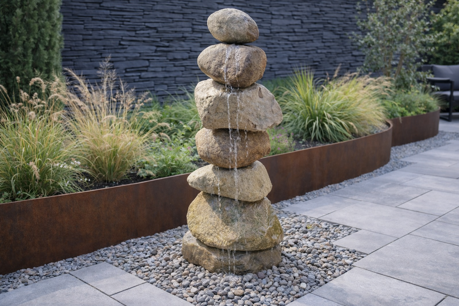 A zen water fountain features stacked rounded rocks with water trickling down, set amidst stones and greenery in a garden.