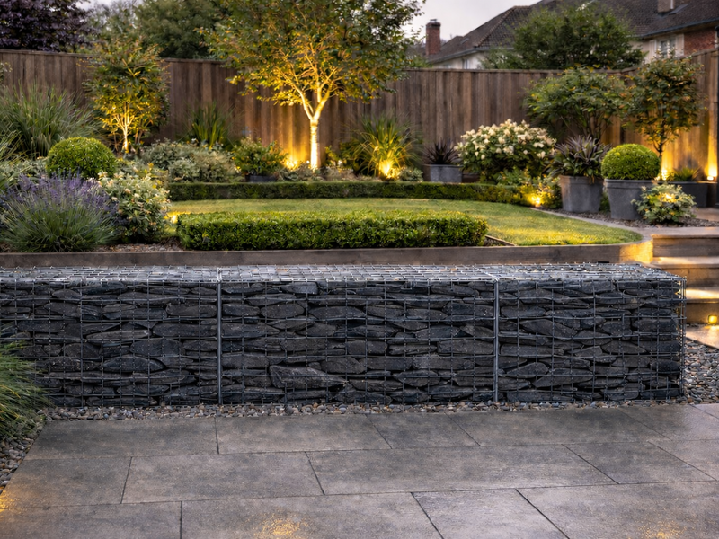 Black slate gabion stones for gabion baskets featuring dark, stacked stones held in wire cages.