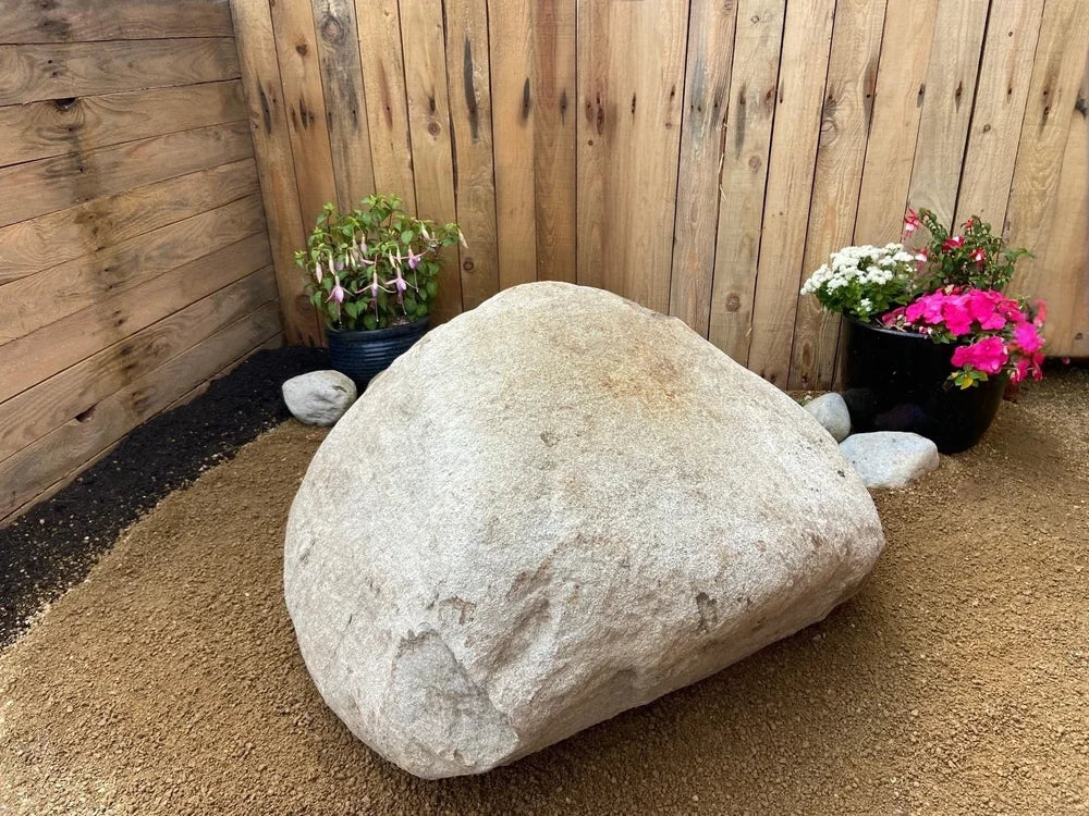 Extra large garden boulder with natural stone texture, shown amongst decorative plants.