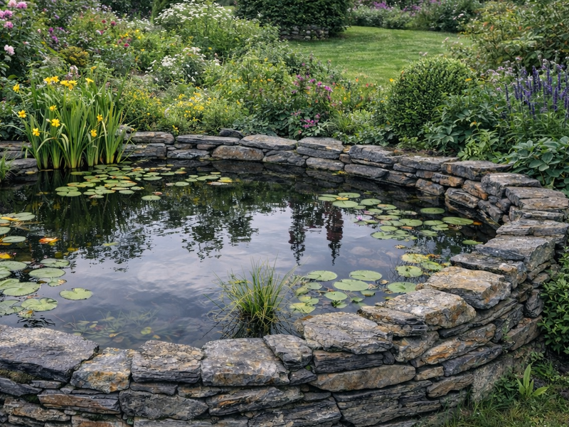 Rustic slate decorative pond stones with lily pads and stone border.