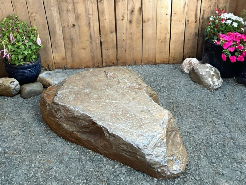 Natural boulder stepping stone for ponds with a textured surface, set on gravel near potted flowers.