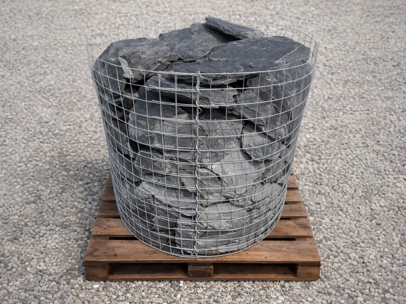 Charcoal slate gabion stones for gabion baskets in a wire cage on a wooden pallet.