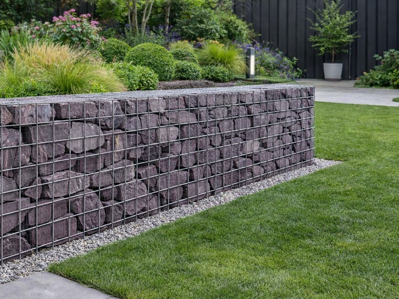 Plum slate gabion stones for gabion baskets with dark purple hues, caged in a wireframe structure, dividing the lawn and garden.