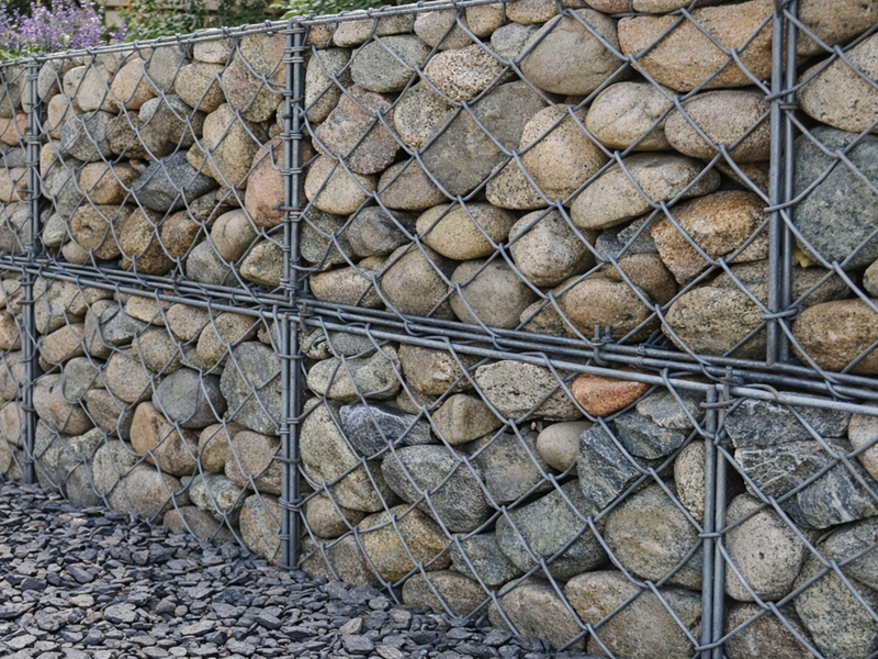 Cobble gabion stones for baskets and walls filled into metal wireframe.