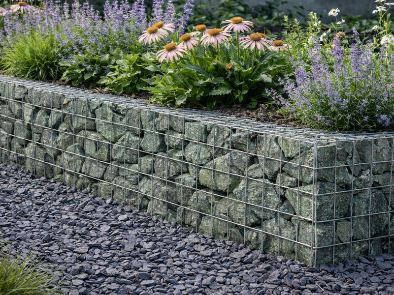 Green granite gabion stones for gabion baskets, in a wire basket and surrounded by plants.