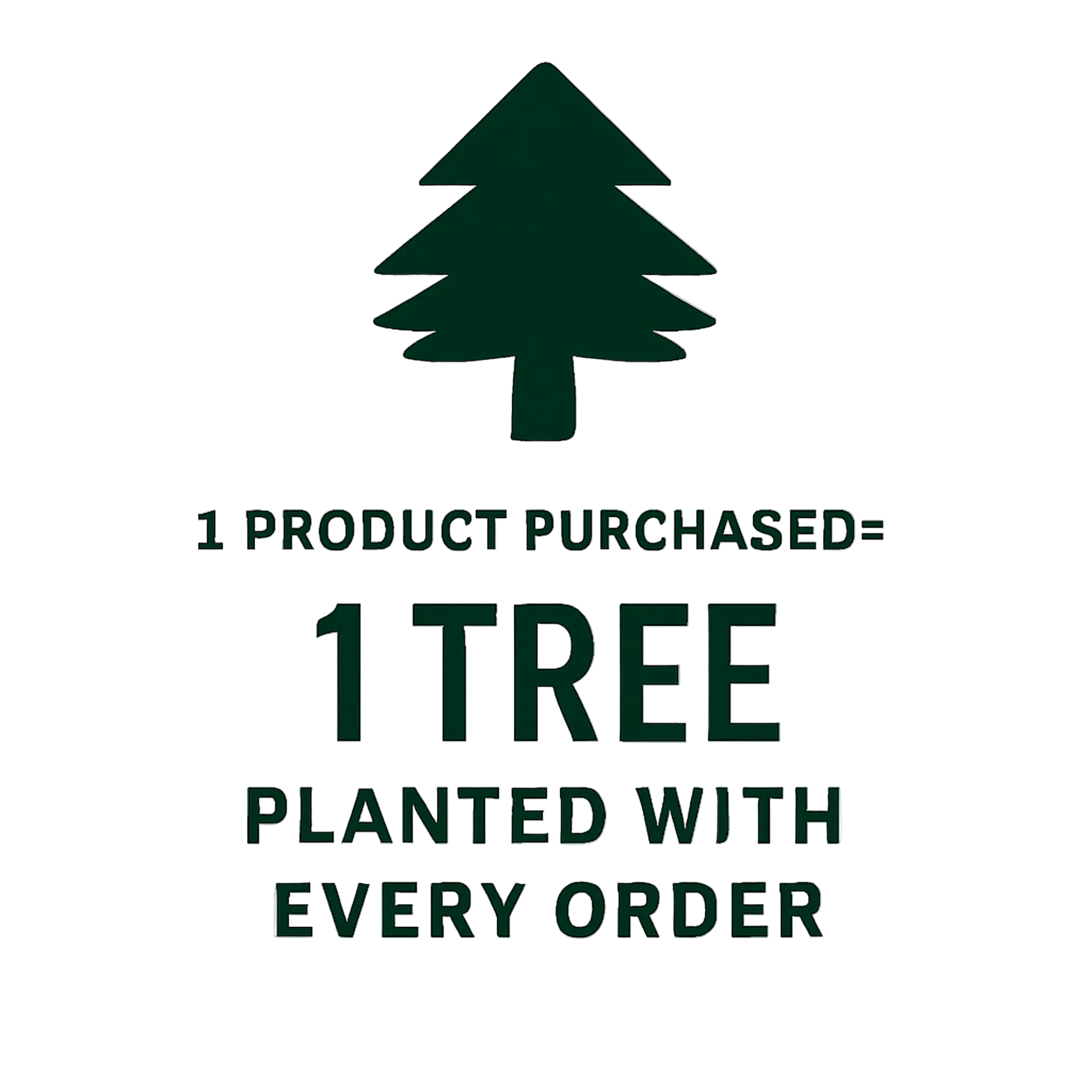 A dark green tree icon above text "1 PRODUCT PURCHASED = 1 TREE PLANTED WITH EVERY ORDER" against a black background.