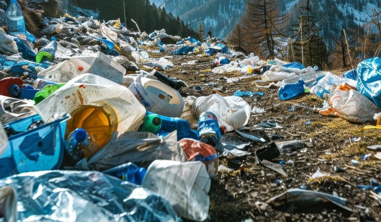 A landscape littered with plastic waste, featuring bottles, containers, and packaging scattered across the foreground with mountains and trees in the background.