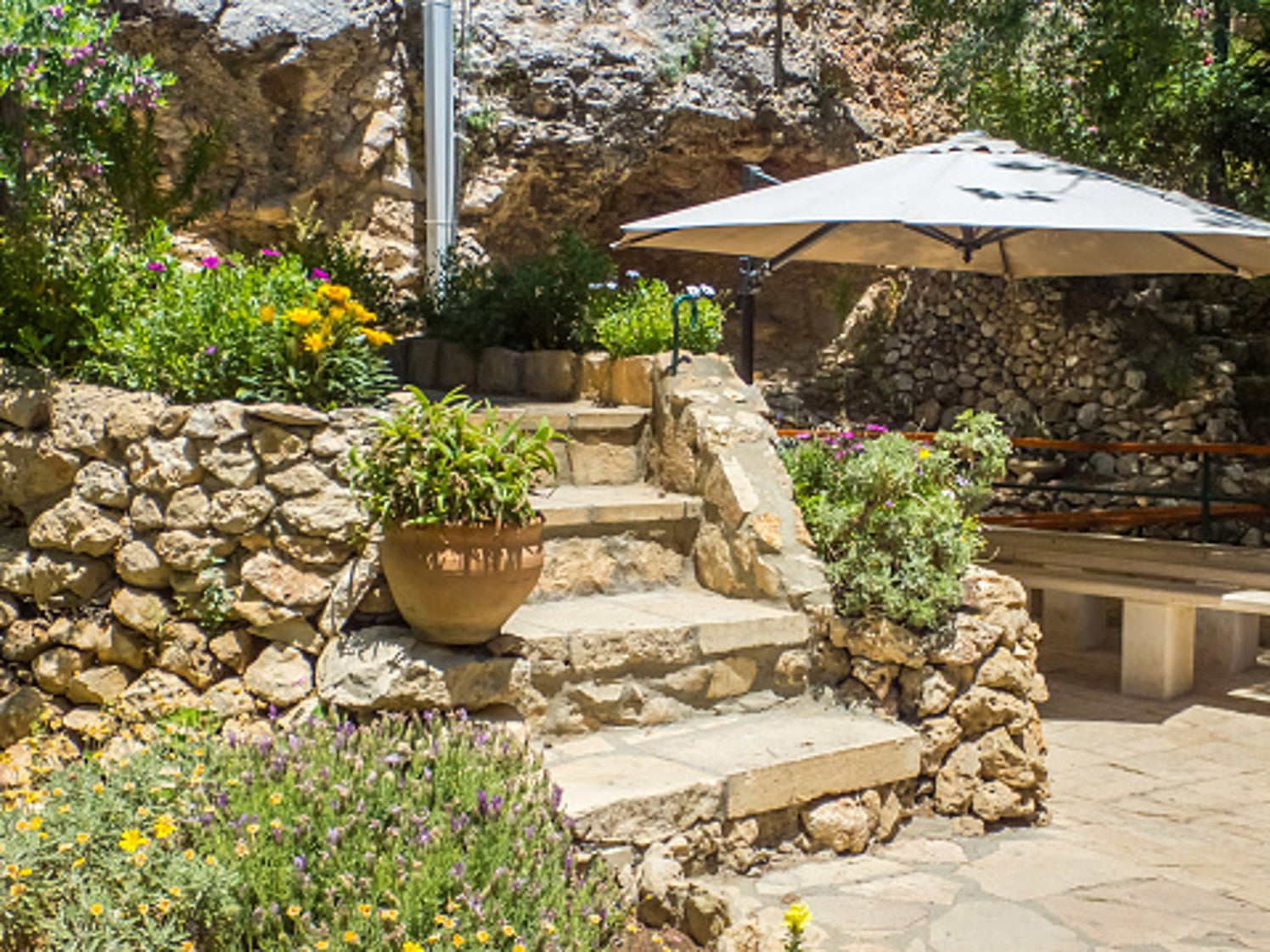 Stone steps lead through a lush garden with flowers, a large potted plant, and an umbrella in the background.