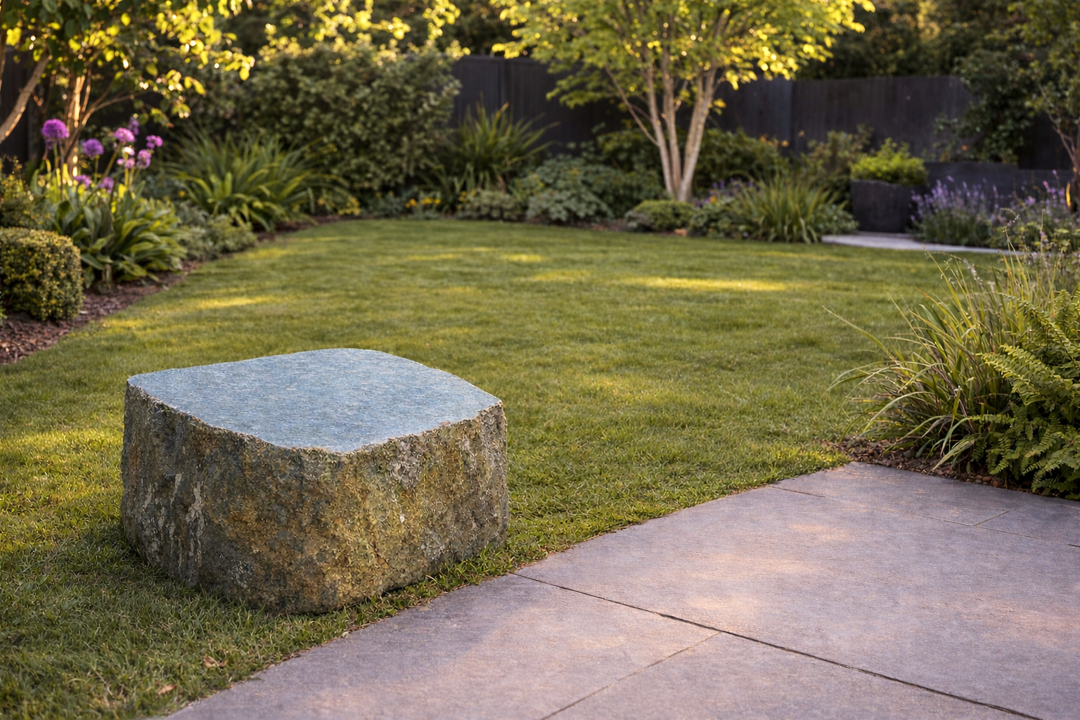 Sawn flat topped boulder seat for gardens with a textured finish, positioned on grass beside a paved patio.