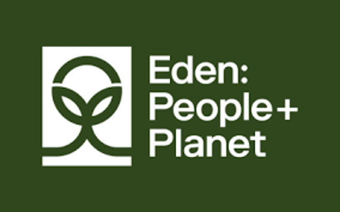 White logo on green background: stylized tree in a square next to the words "Eden: People+ Planet".