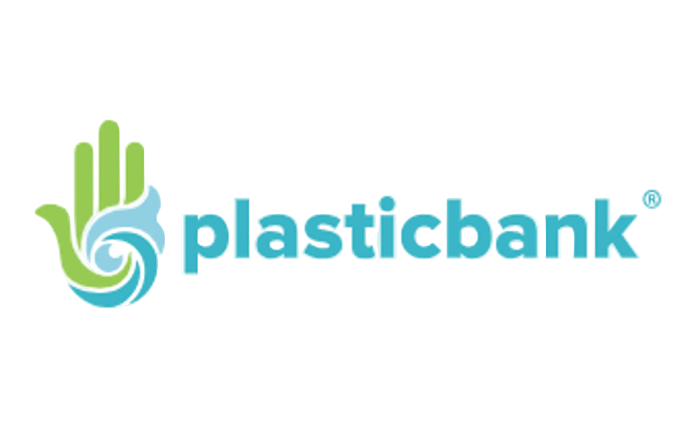 The image displays the Plastic Bank logo. It has a green and blue hand icon with a swirl, followed by the word "plasticbank" in light blue. The background is black.