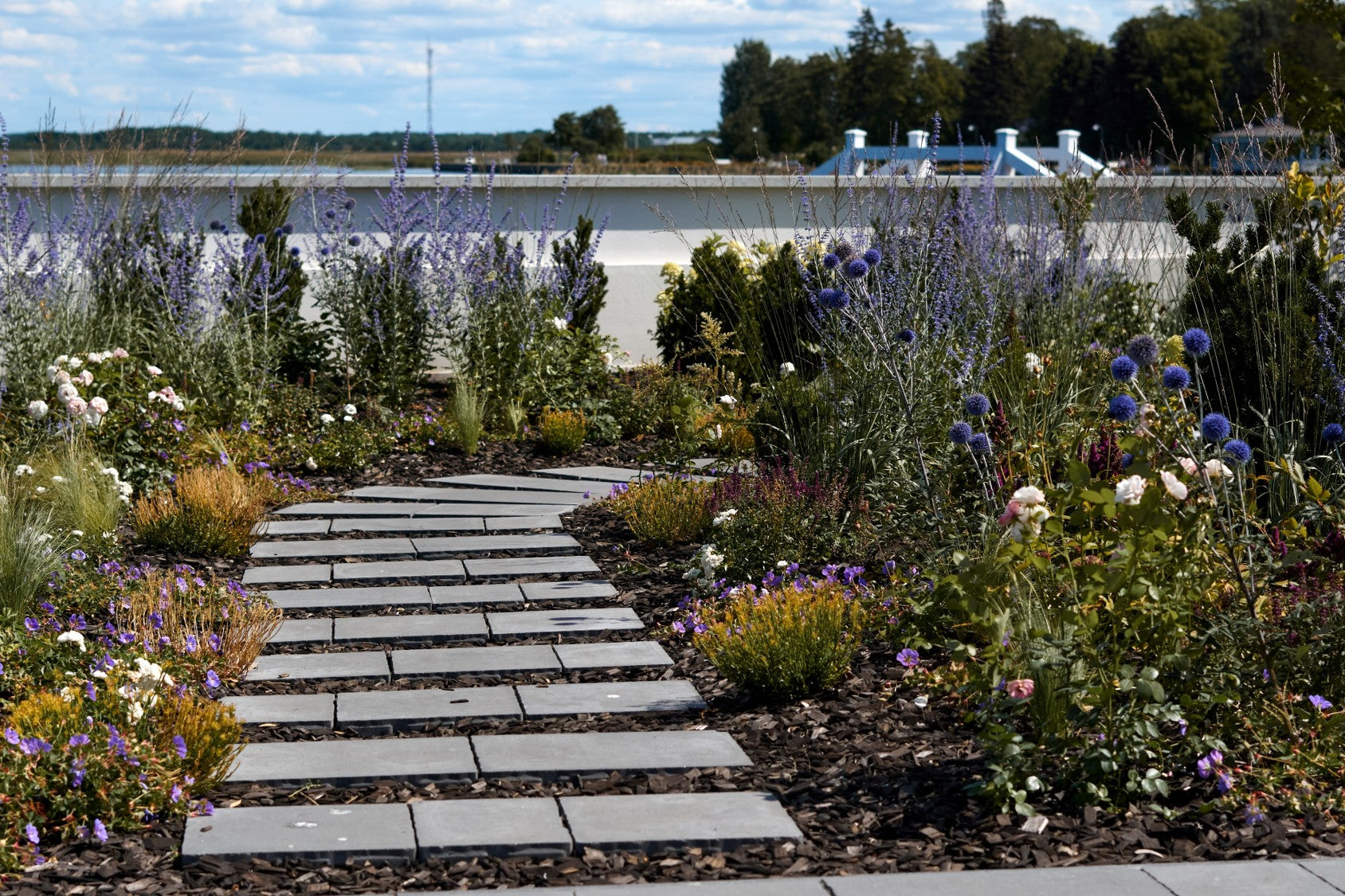 A stone path winds through a vibrant garden filled with purple, white, and yellow flowers under a bright, partly cloudy sky.