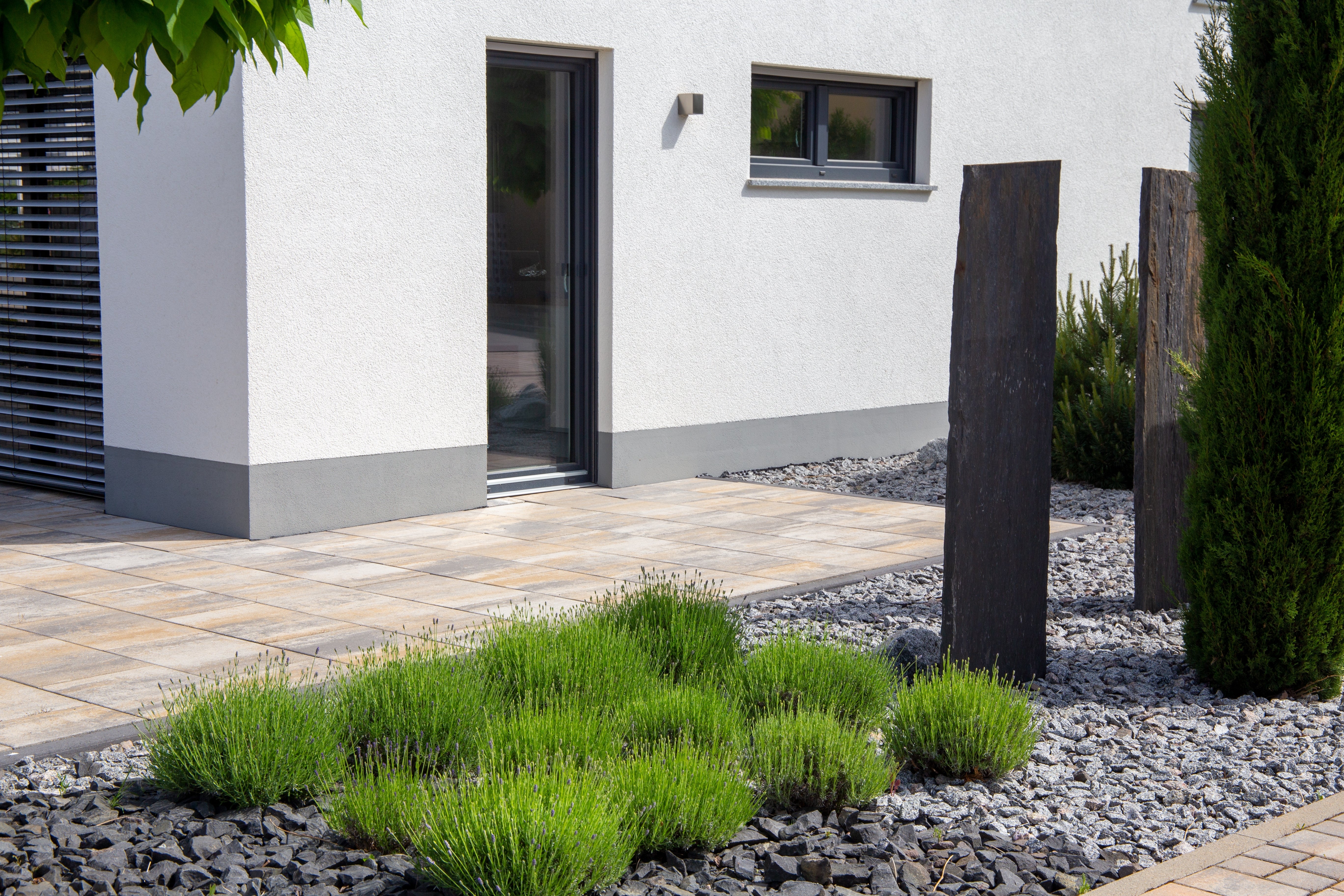 Exterior shot of a modern white building with stone landscaping and plants.