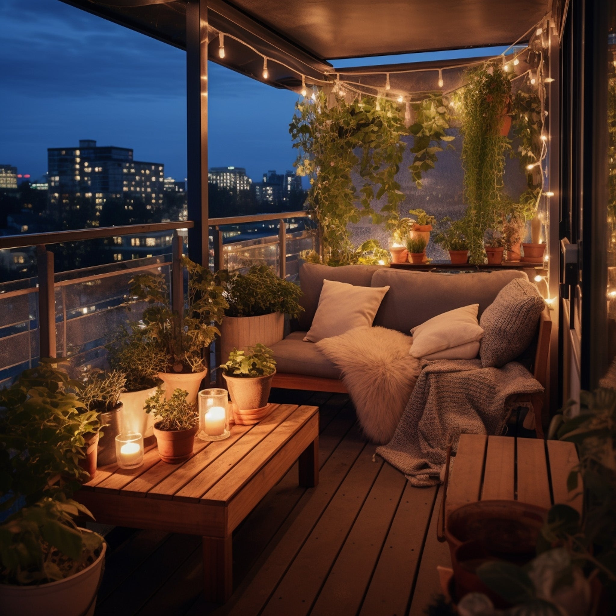Cozy balcony at dusk with couch, potted plants, candles, and string lights. City skyline in background with muted blue sky.