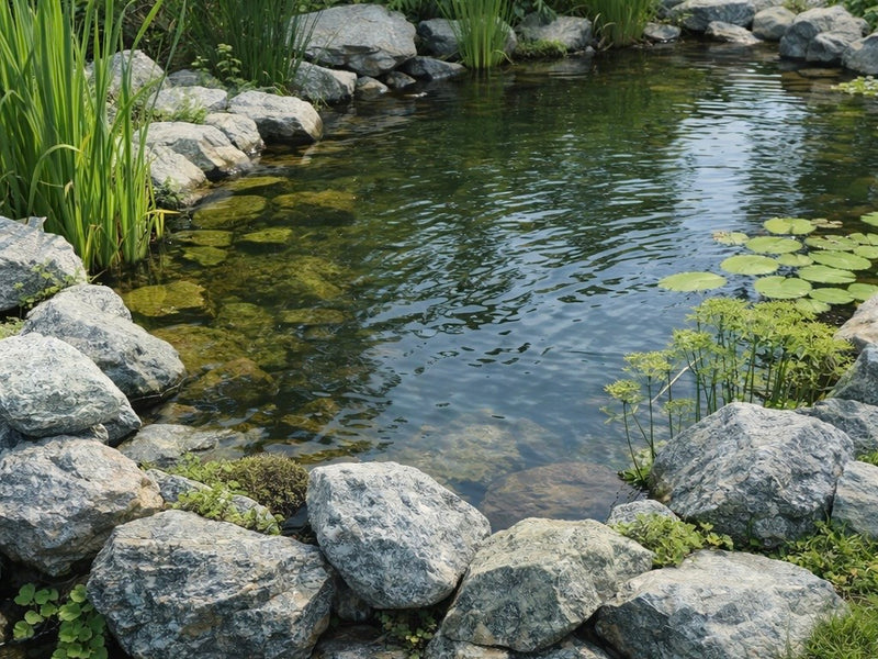 Natural green granite decorative pond stones with rock textures, in a garden pond with plants.
