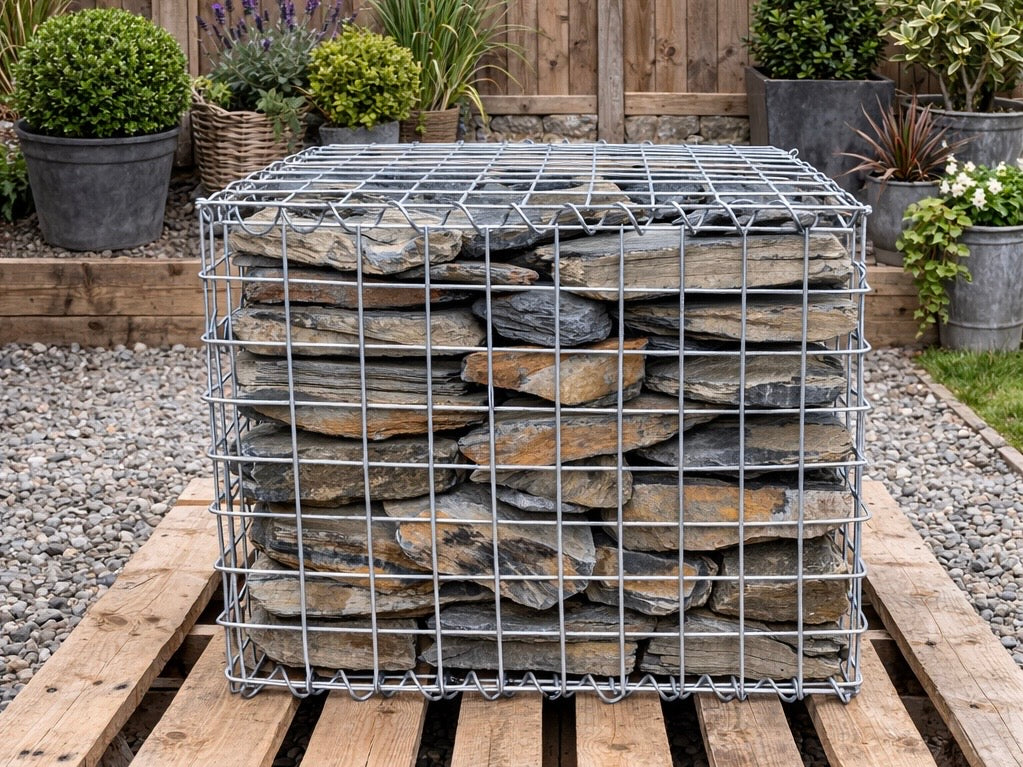 Rustic grey slate gabion stones for gabion baskets, with a natural layered texture and a palette of earthy tones.
