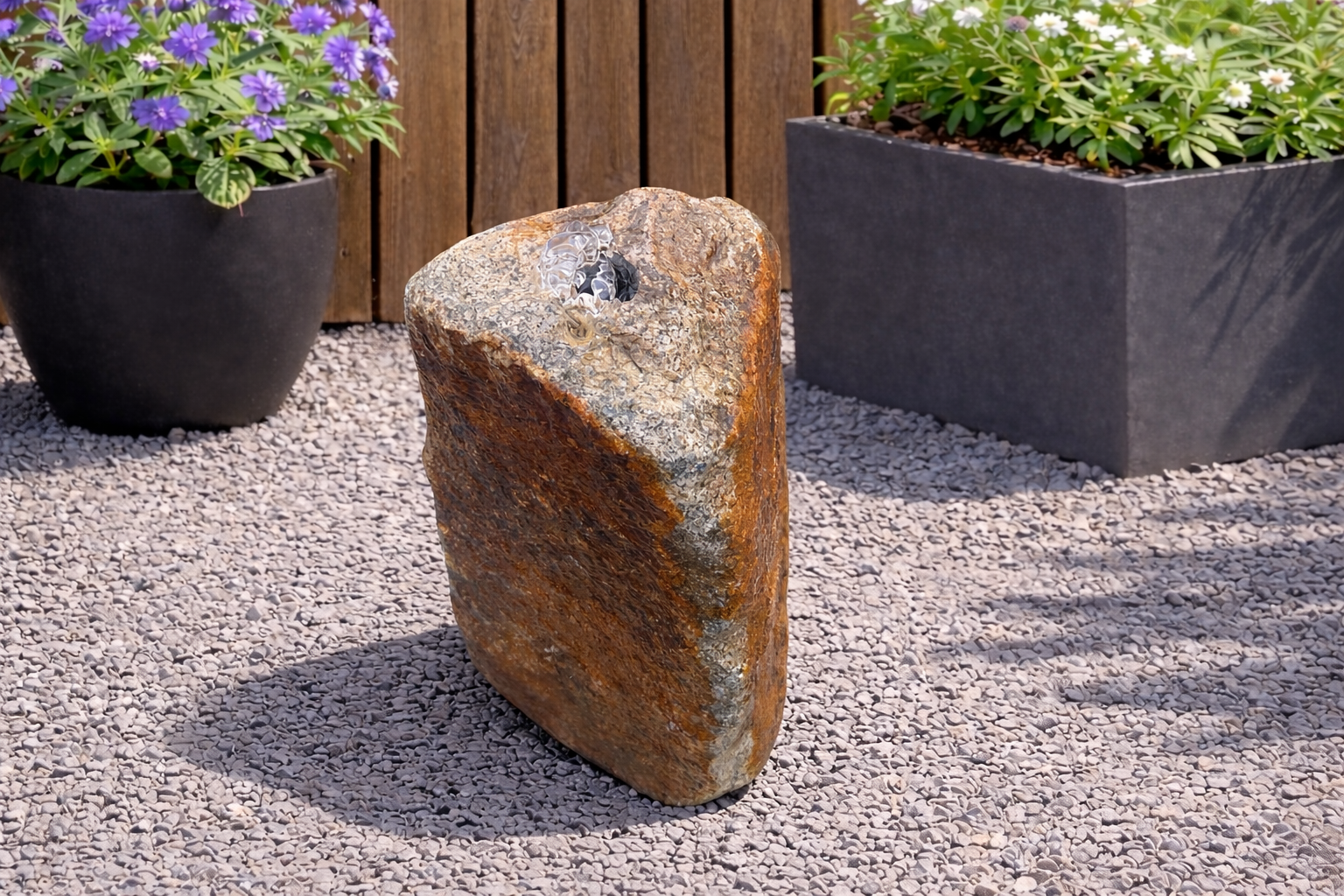 A reddish-brown, angular stone fountain stands on gray gravel, with potted plants in the background. Sunlight creates shadows on the ground.
