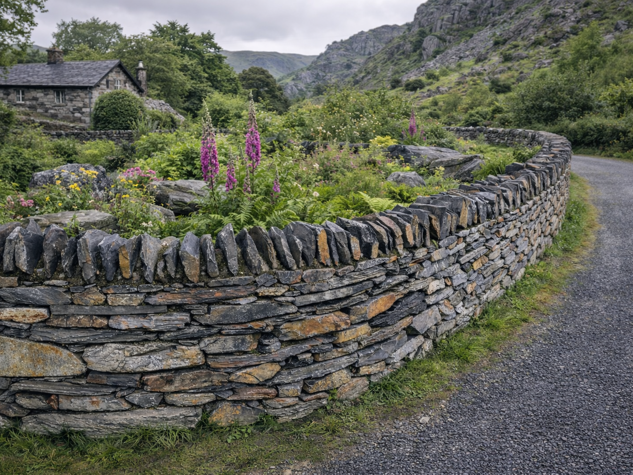 Rustic grey slate stone walling for landscapes with textured stacked stone pattern and irregular edges.
