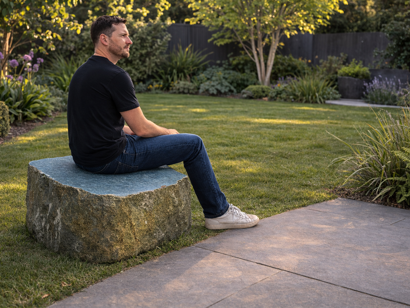 Sawn flat topped boulder seat for gardens featuring a natural stone finish.
