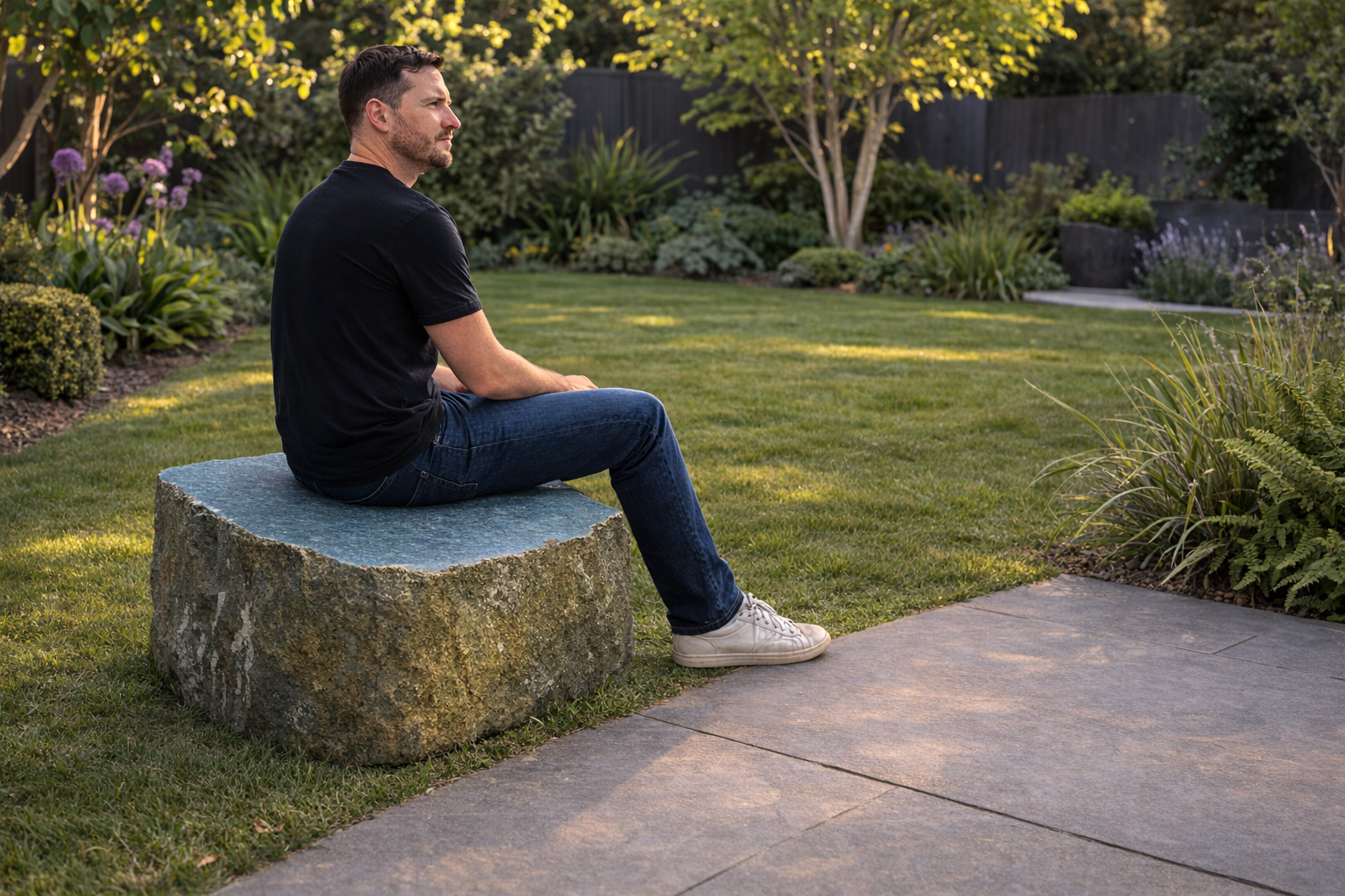 Sawn flat topped boulder seat for gardens featuring a natural stone finish.
