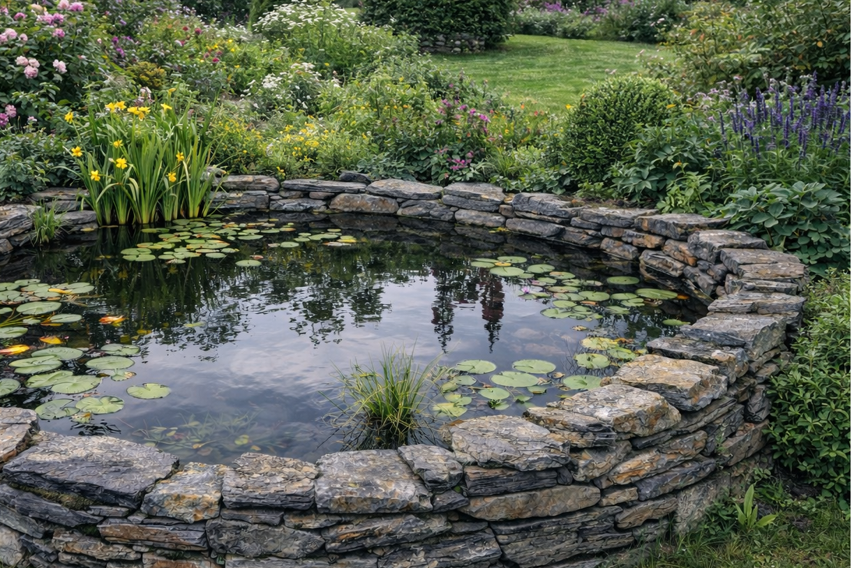 Rustic slate decorative pond stones with lily pads and stone border.