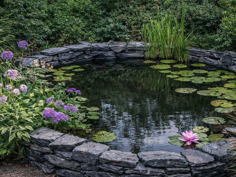 Charcoal slate decorative pond stones with a natural stacked stone appearance around a pond with water lilies.
