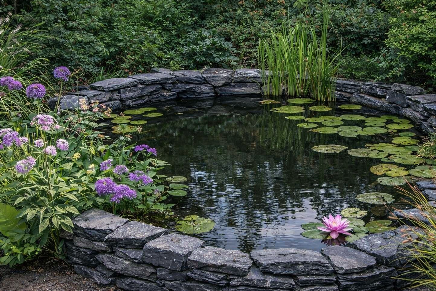 Charcoal slate decorative pond stones with a natural stacked stone appearance around a pond with water lilies.
