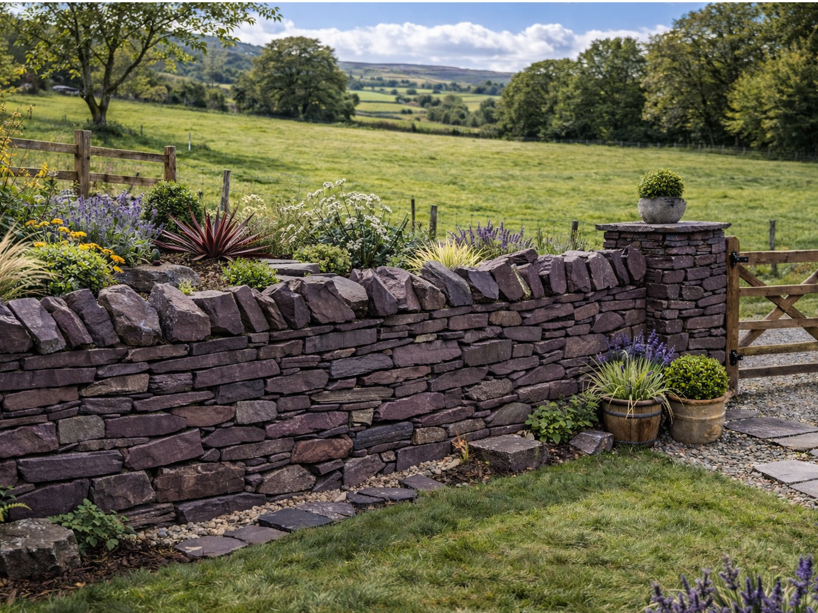Plum slate walling stone for landscapes, with natural texture and uneven edges.