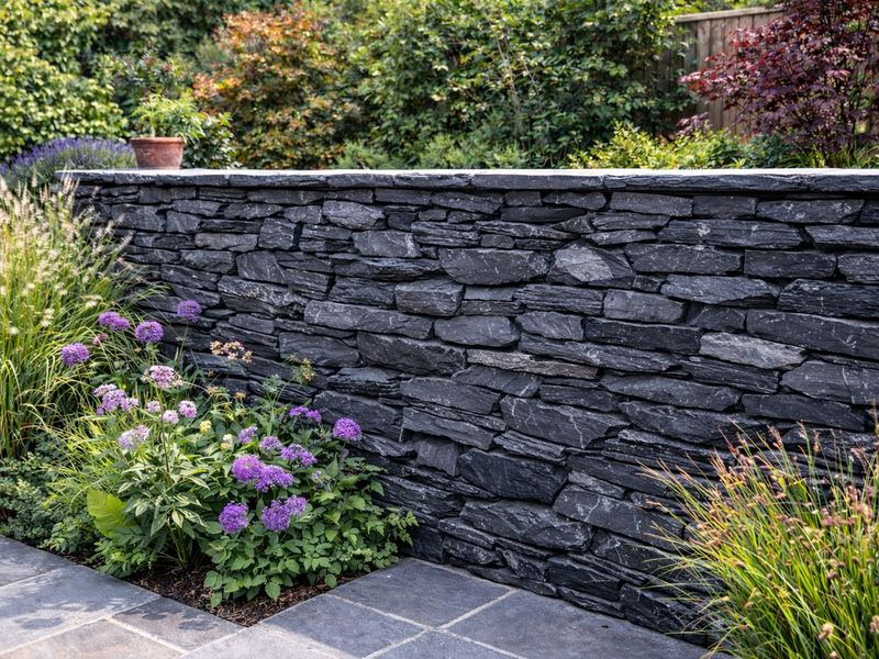 Charcoal grey slate walling stone for landscapes, featuring textured stone design with purple flowering plants.