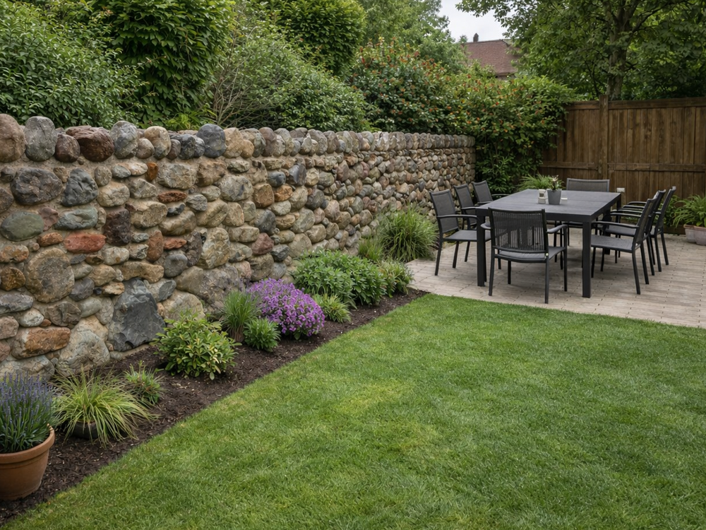Decorative cobble natural walling stone with a textured surface and varied coloration, arranged in a garden setting.
