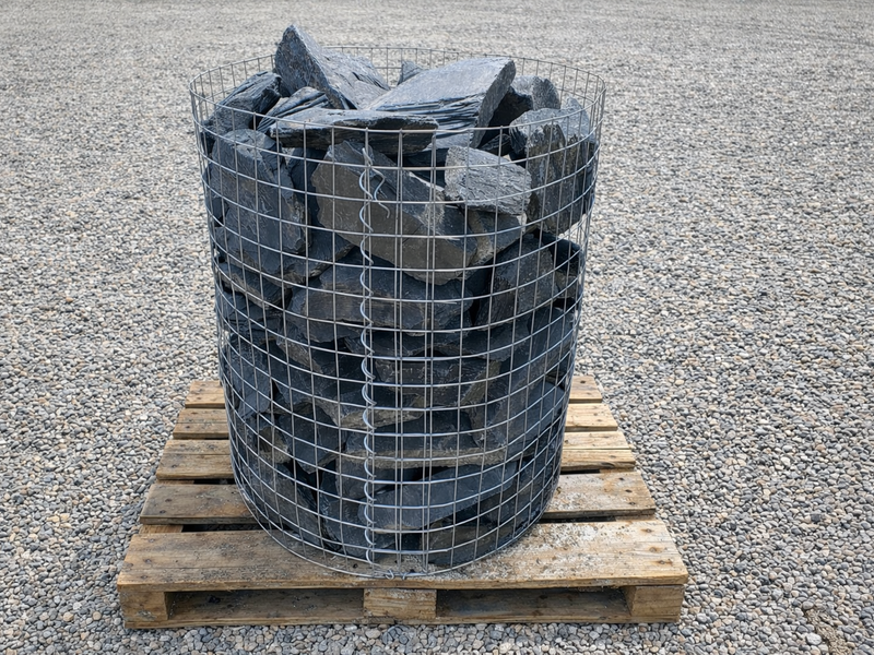 Charcoal grey slate walling stone for landscapes, with wire cage, on a wooden pallet.