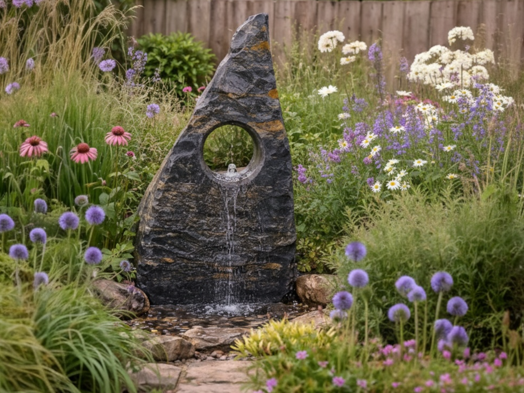 A garden water feature, a dark, triangular stone with a hole, surrounded by flowers of white, pink, and purple.