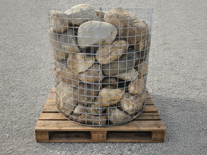 Decorative garden boulders from the bag, sitting on a wooden pallet.