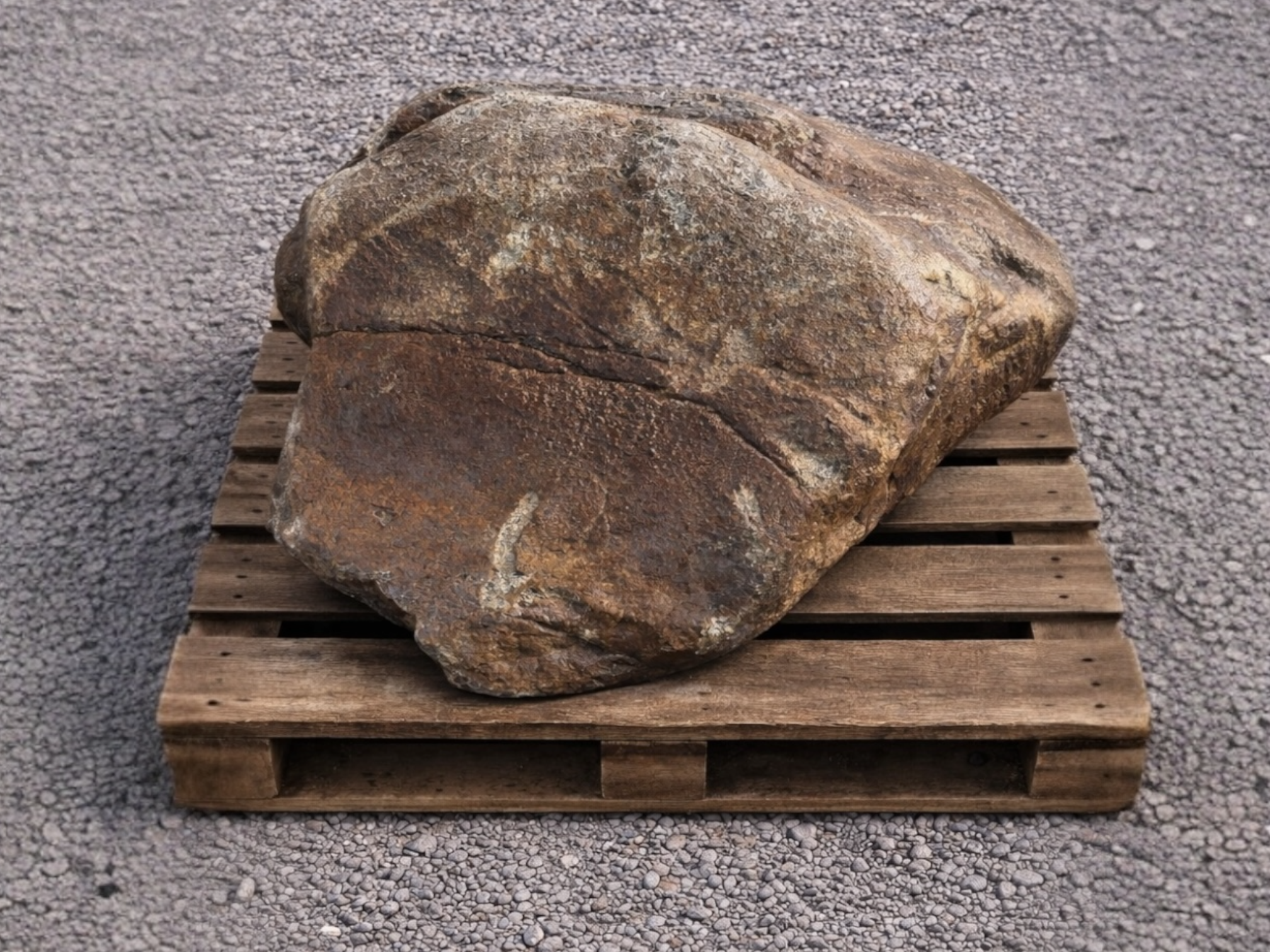 Extra large garden boulder with rough texture on a wooden pallet over gravel.
