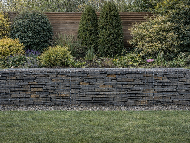 Rustic grey slate gabion stones for gabion baskets, stacked in a metal wire basket, with garden foliage behind.
