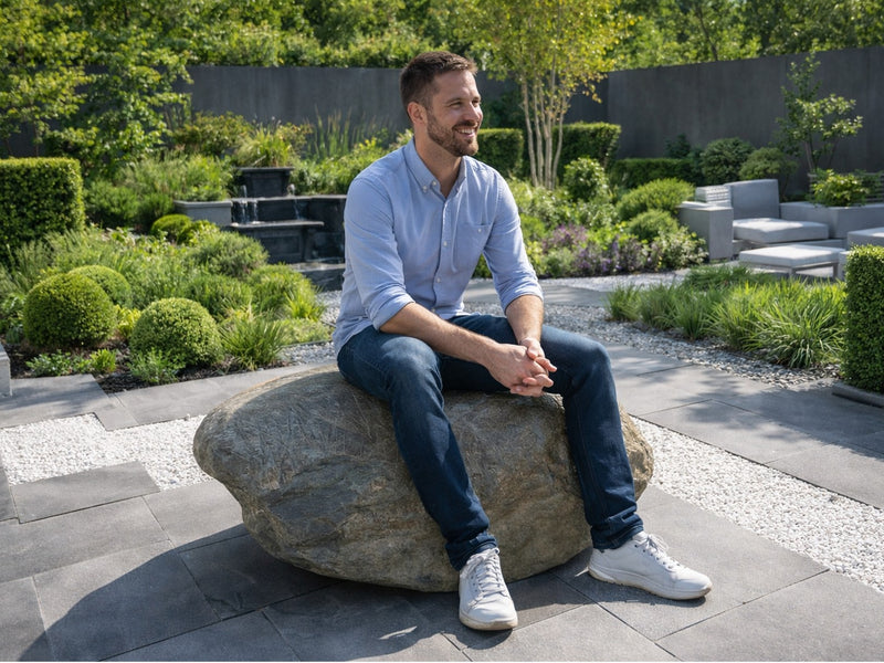 Natural flat top boulder seat for gardens, shaped for sitting, with a man in a light blue shirt and jeans sitting on it.
