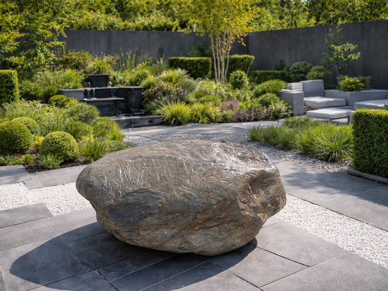 Natural flat top boulder seat for gardens with a rough texture, sitting on gray pavers in a landscaped area.
