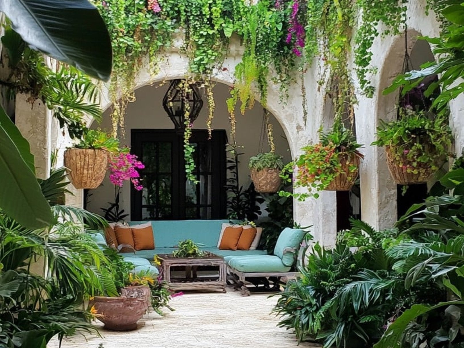Lush courtyard with a light blue cushioned sofa, hanging plants, and stone arches create a peaceful, inviting atmosphere.