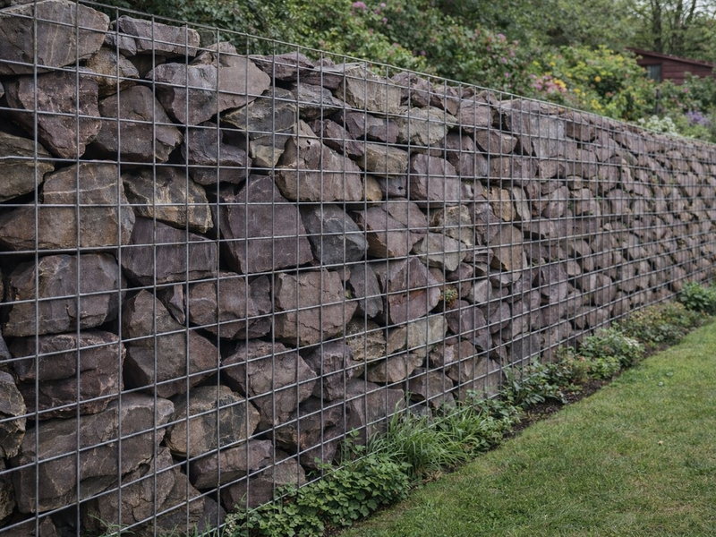 Plum slate gabion stones for gabion baskets, with dark purple rocks contained by a silver metal mesh wire fence.