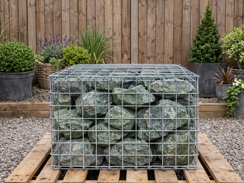 Green granite gabion stones for gabion baskets, filled in a wire cage on a wooden pallet.