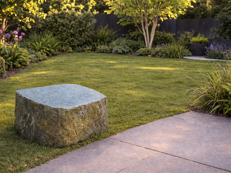 Sawn flat topped boulder seat for gardens with a textured finish, positioned on grass beside a paved patio.
