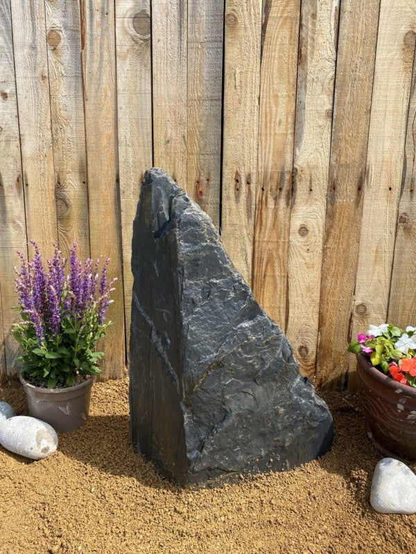 Slate monolith water feature, 600mm tall, with dark gray coloring and natural stone texture.