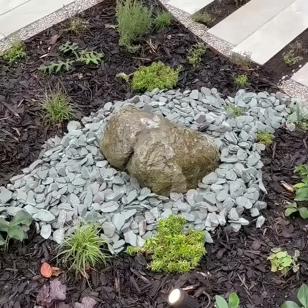 An outdoor rock garden with a central, rounded boulder surrounded by gray gravel, and dark mulch with various green plants.