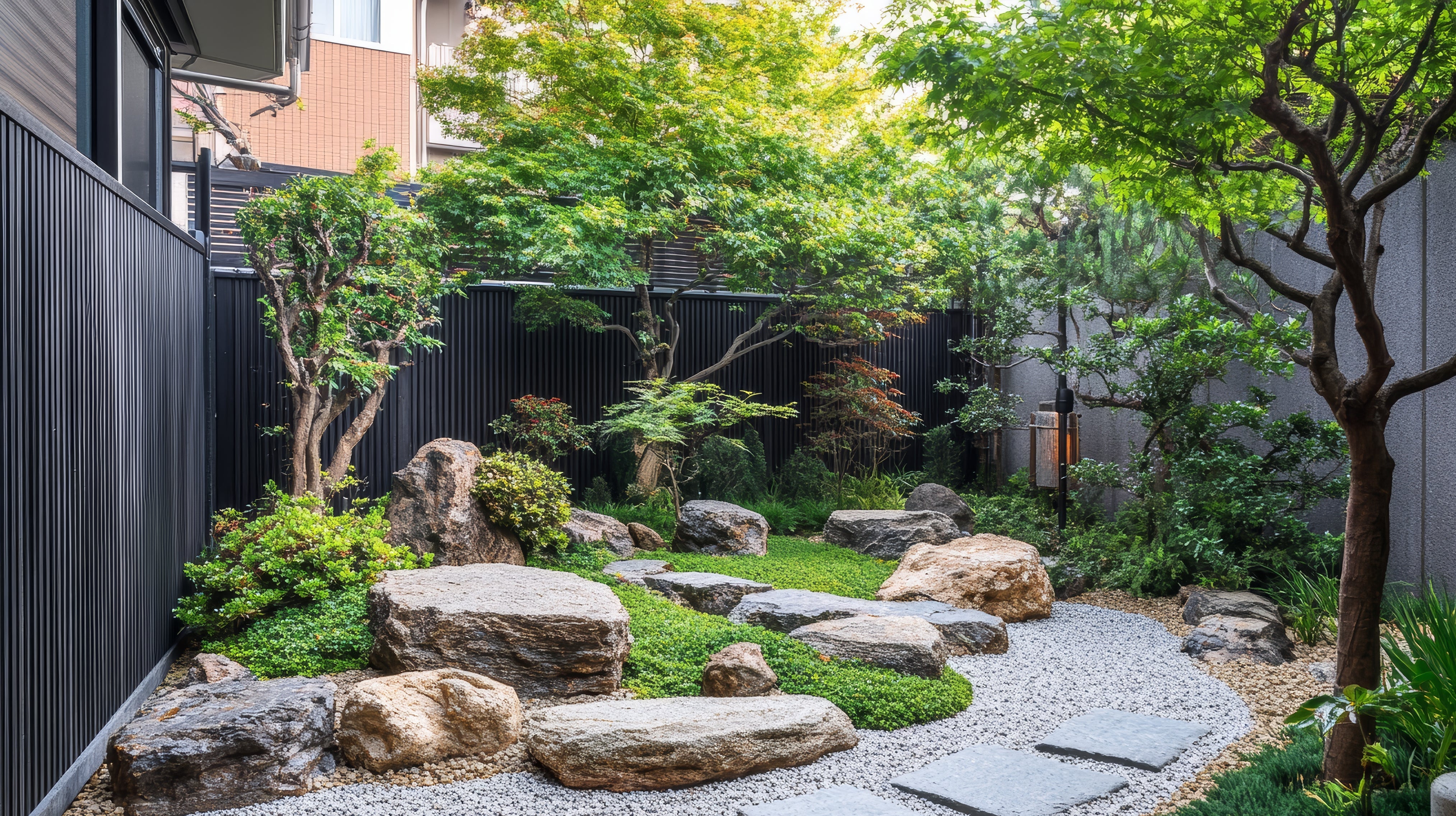 A serene Japanese garden features rocks, gravel paths, and lush greenery with trees bordering a gray and black wooden fence.