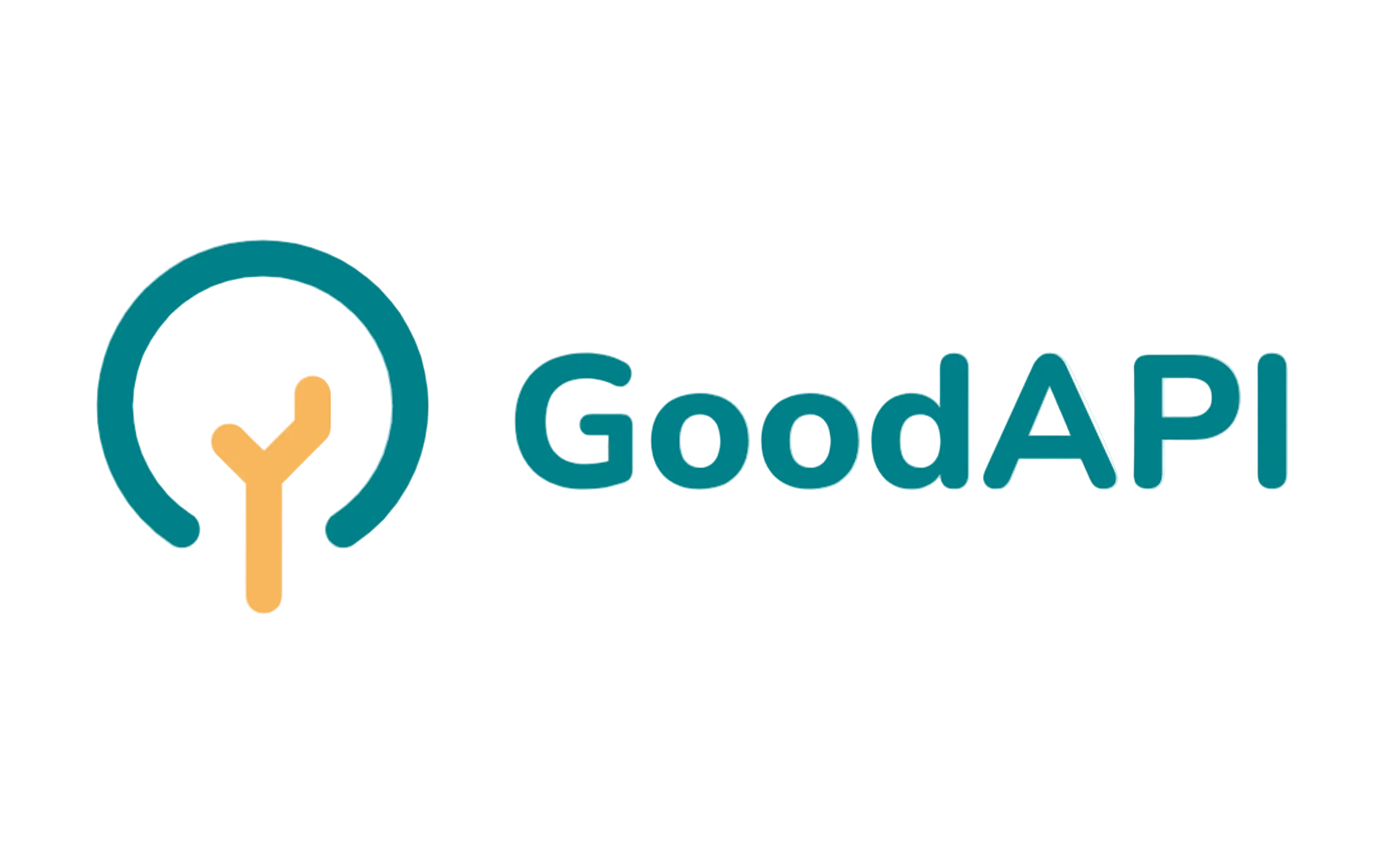 Logo for GoodAPI featuring stylized teal circle around a yellow abstract tree, beside the teal GoodAPI text. Black background.