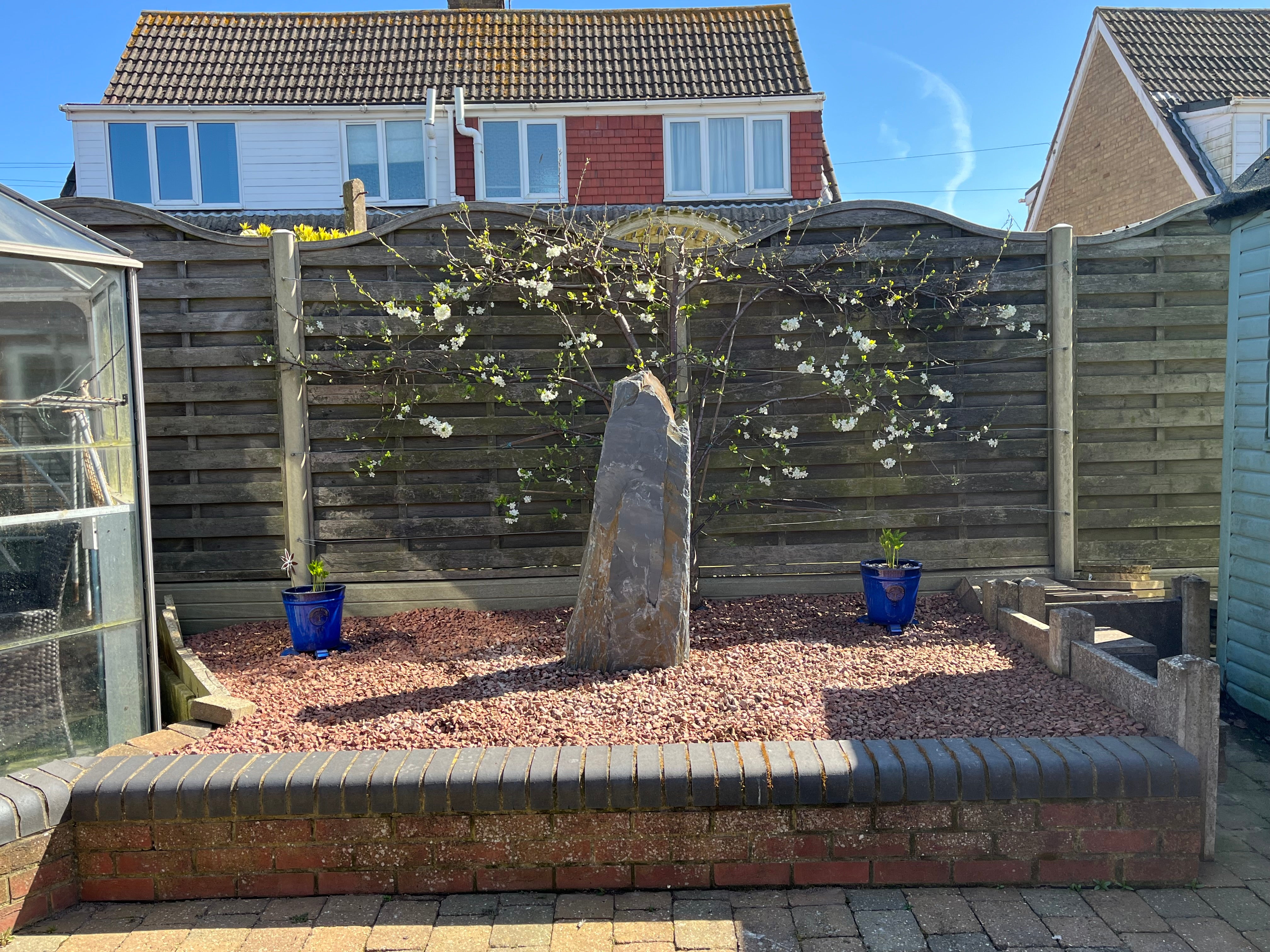 A sunny backyard garden features a stone sculpture, blossoming tree, two blue planters, and a brick retaining wall. The yard is surrounded by a wooden fence.