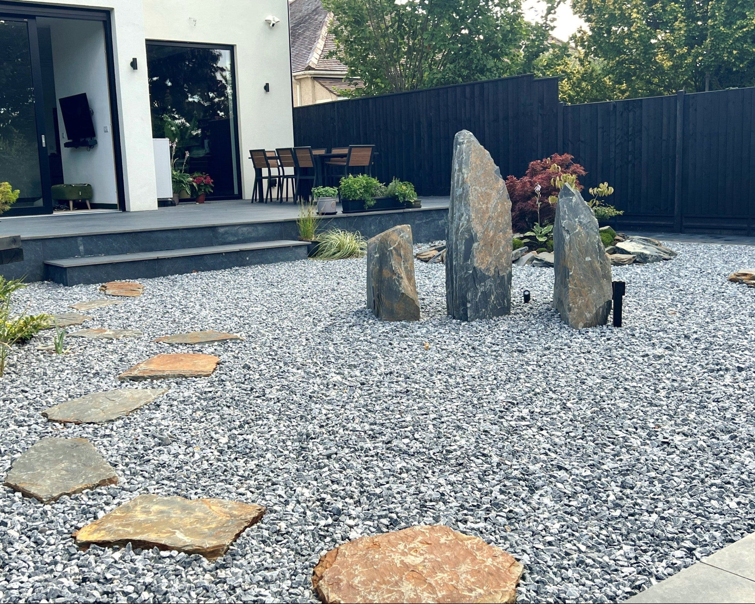 A modern zen garden features standing stones, a gravel ground cover, and stepping stones leading to a modern house.