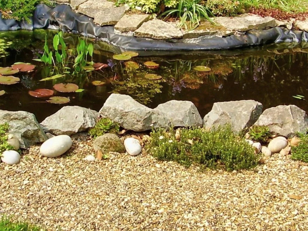 20mm rose quartz pond chippings with light brown gravel background and rocks bordering a pond.